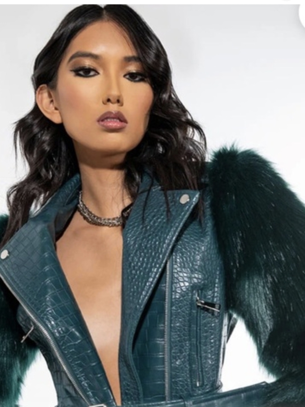 Teal Croc-Textured Faux Leather Jacket with Teal Faux Fur Sleeves